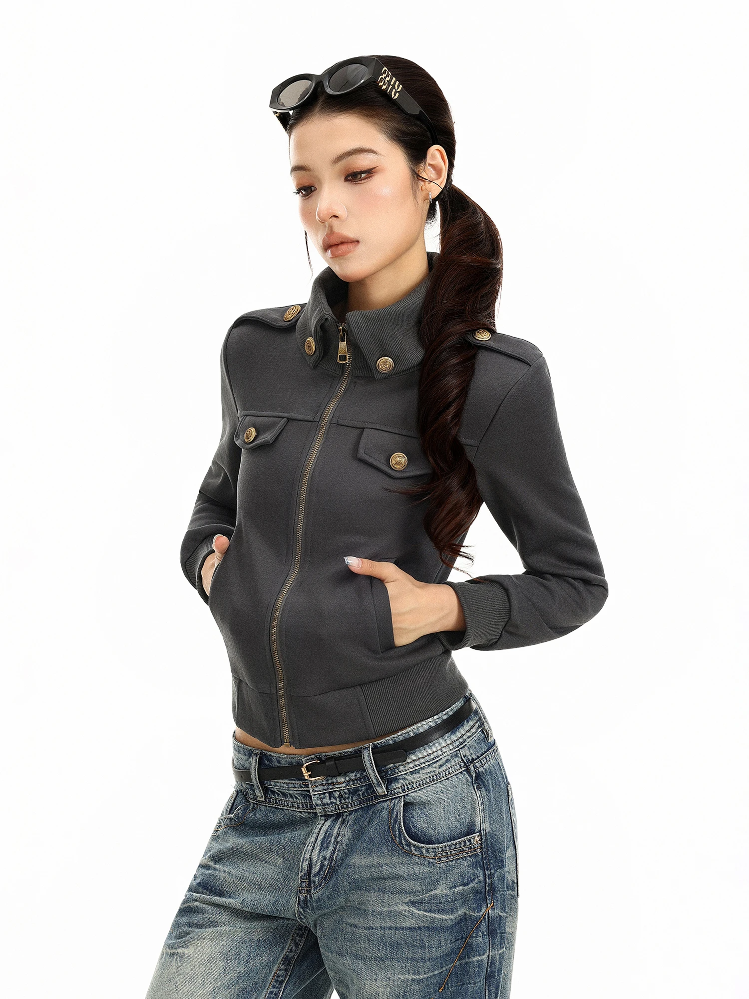 Retro Stand Collar Short Zipper Slim Fit Jacket Women's Metal Button Decorated Warmth Inner Wear Autumn Fashion Outerwear