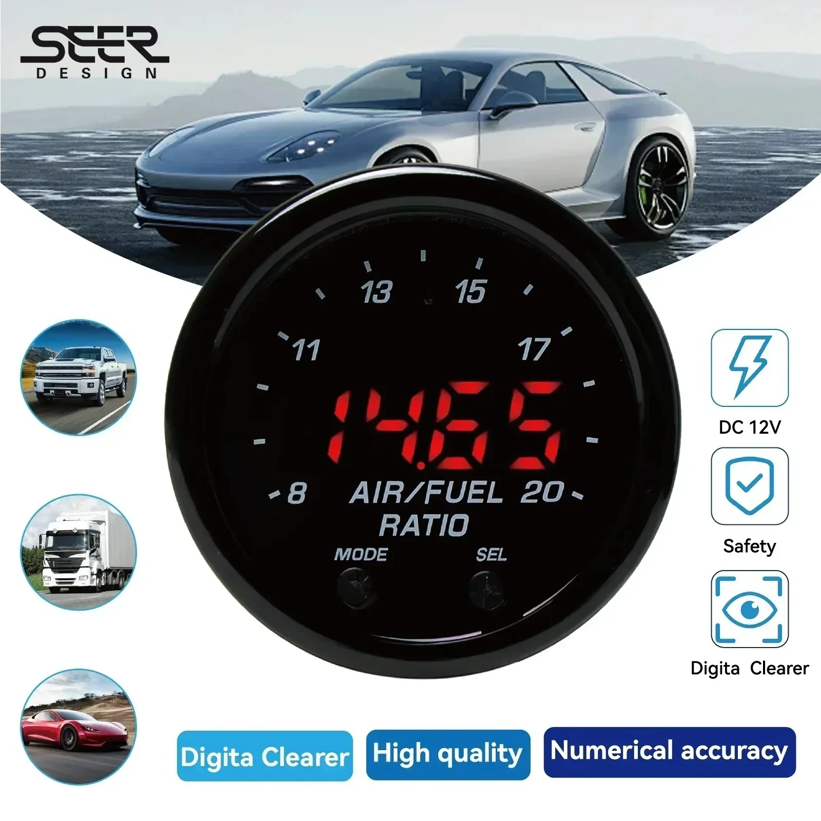 

Air Fuel Ratio Gauge 12V LED Digital Display + Wideband O2 Oxygen Sensor 30-0300 X-Series 2" 52mm Gauges Car Modification