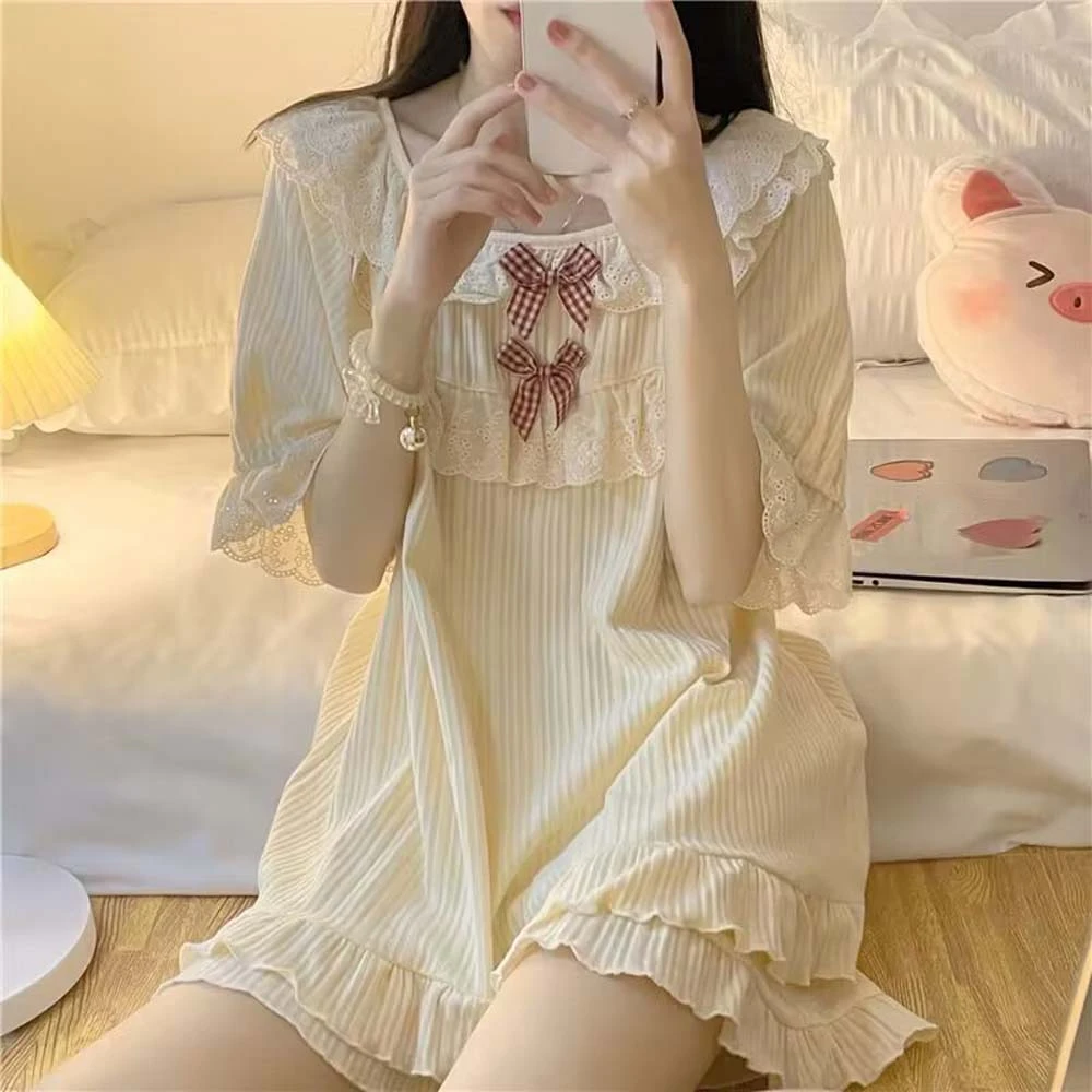 Short Sleeve Bowknot Women Pajamas Apricot Color Nightwear Set Girls Pajama Pants Princess Style Korean Ins Lace Bow Pajama Set