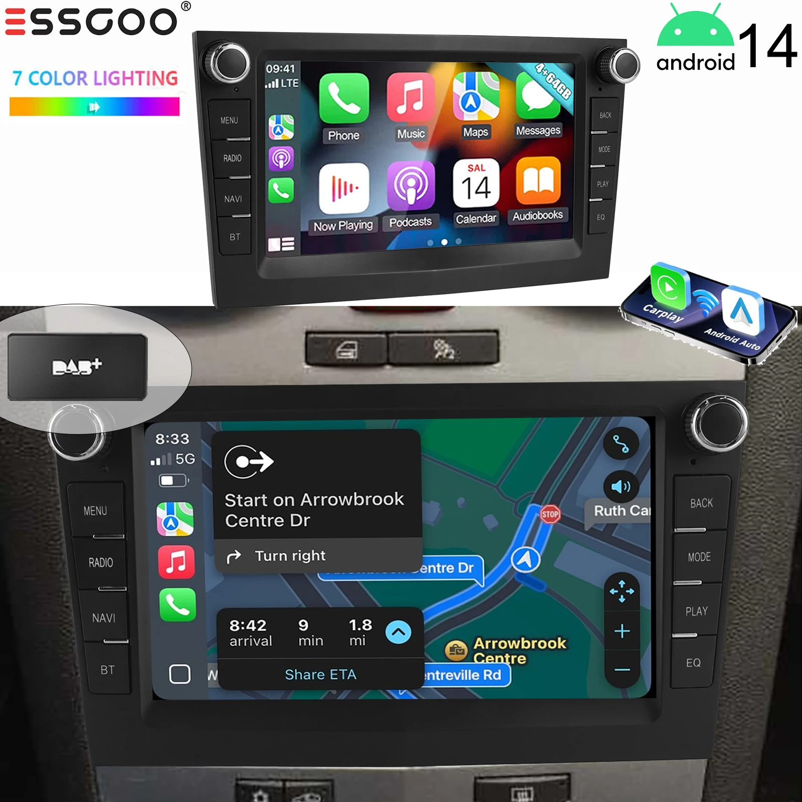 ESSGOO Black Carplay For Opel/Vauxhall Corsa D Astra H Zafira Android 14 GPS NAVI AI Voice Control 7” Car Stereo WIFI BT SWC RDS image 3