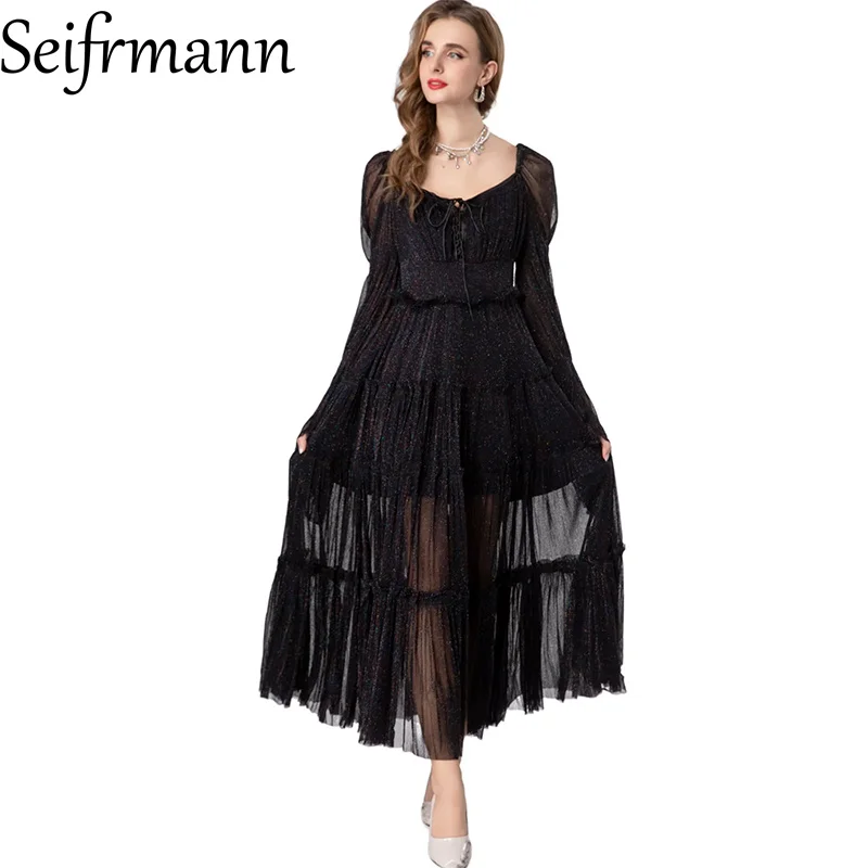 Seifrmann 2026 Summer Women's New Fashionable Square Collar Long Sleeve shiny thread Waist cinching Long Dress