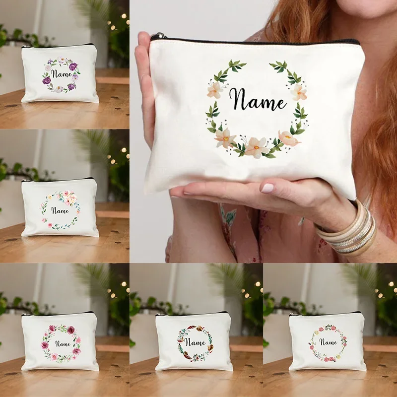 personalized Bridesmaid Bags cosmetic bag Wreath with Name  make up bag Wedding Bridal Bachelorette Party lipstick bag Cosmetics