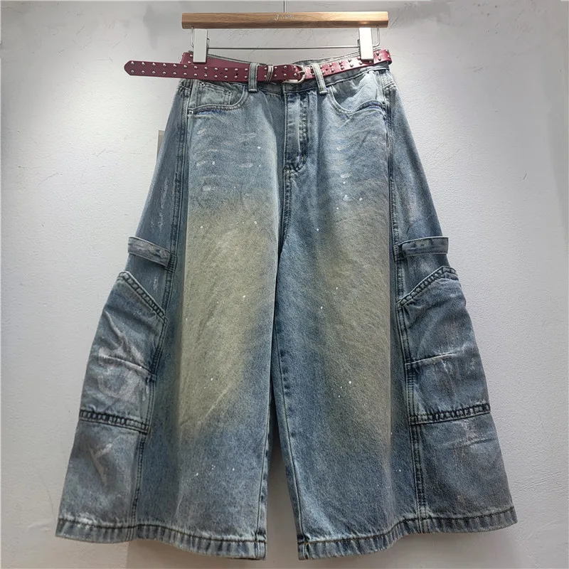 

2026 Summer New Korean Style Loose Fit Versatile Minimalist Casual Patchwork 7/8 Length Denim Shorts for Women, Cropped Pants