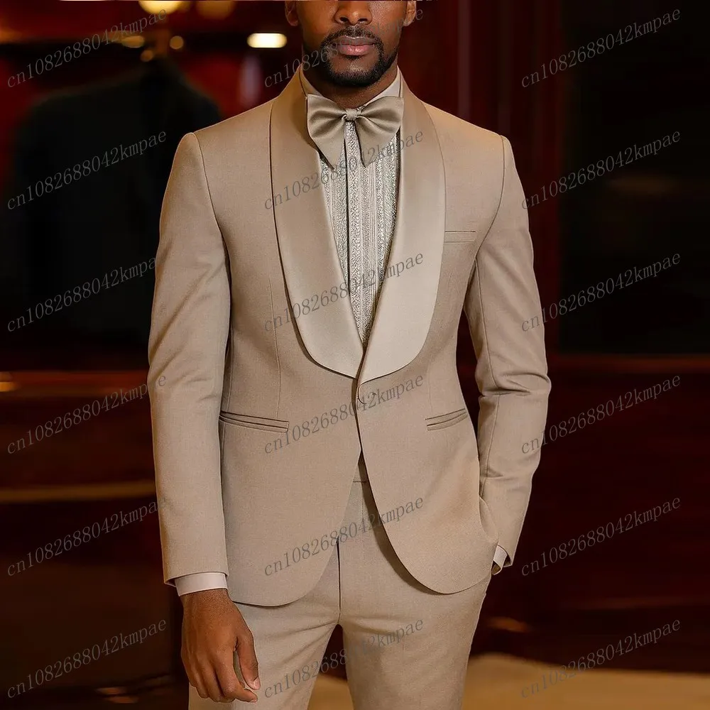 

Fashion Formal Occasion Beige Business Men Suit Groom Groomsman Wedding Party Prom Male Tuxedos 2 Piece Set Blazer Pants