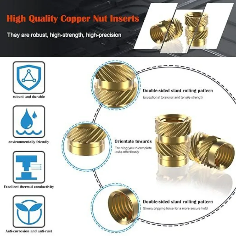 Metric Knurled Brass Insert Nuts, Assorted Sizes M2 to M6 Internal Thread Fastener Kit