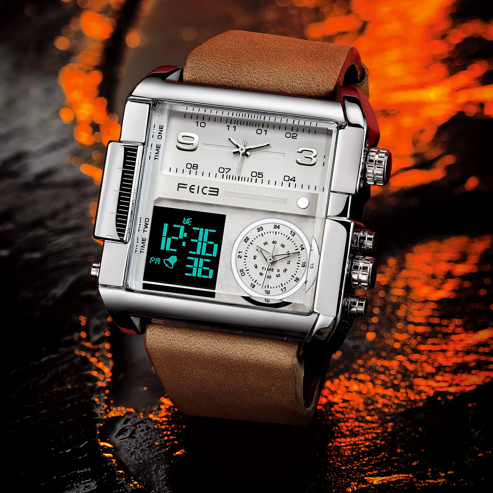 FEICE Watches for Men Big Dial Digital LED Analog Quartz Waterproof Wristwatch Business Men’s Watch Square Leather Band FK030