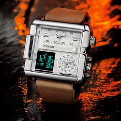 FEICE Wathes for Men Big Dial Digital LED Analog Quartz Waterproof Wristwatch Business Men’s Watch Square Leather Band FK030