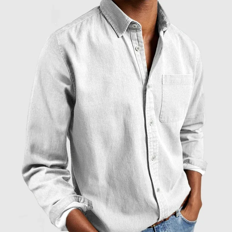 Minimally designed men's business casual long sleeved shirt with pockets and a lapel collar