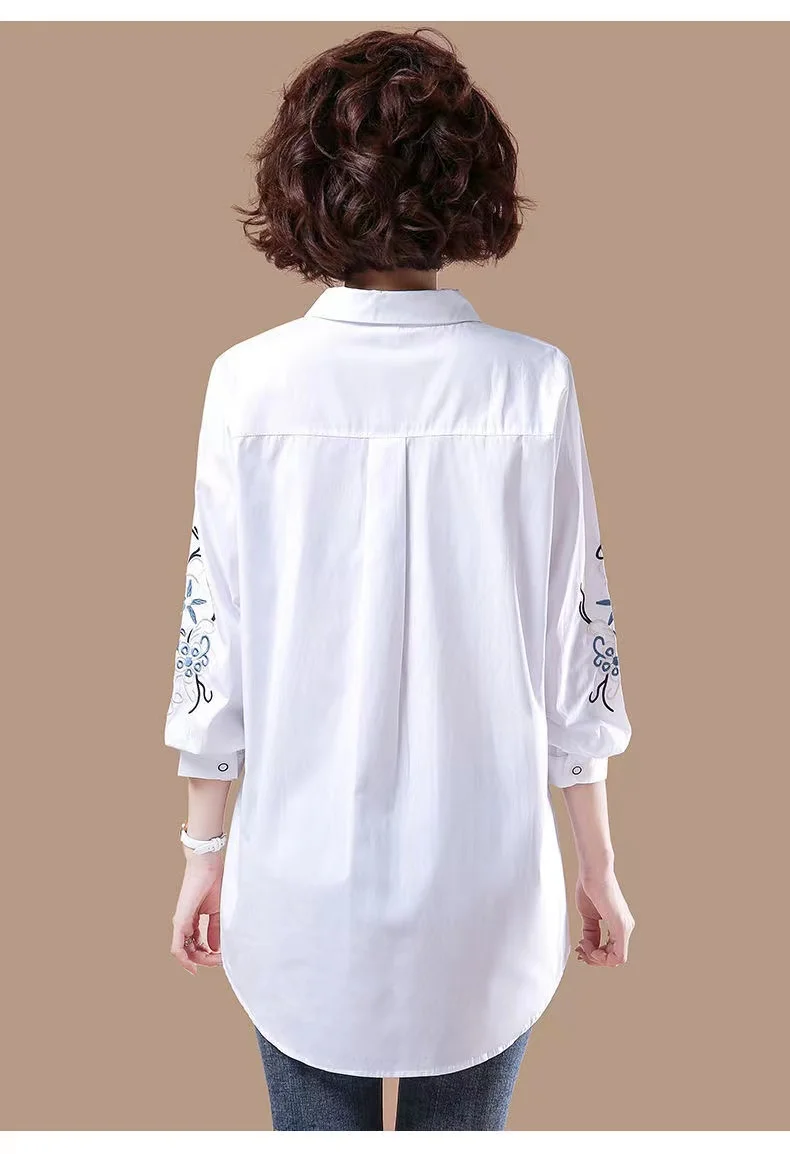 Vintage Embroidery White Simple Cotton Button Up Shirt Comfortable Casual Long Sleeve Loose Tops Blouses for Women Clothing 2024