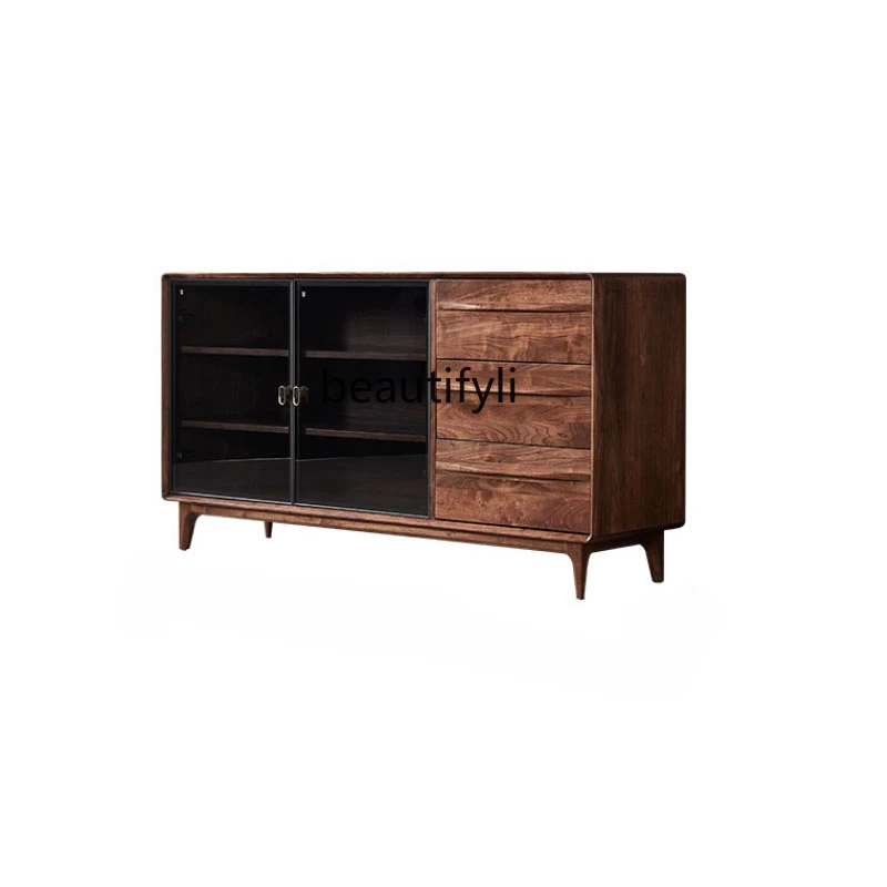 

Italian Glass Door Solid Wood Sideboard North America Black Walnut Wooden Locker Restaurant Tea Cabinet