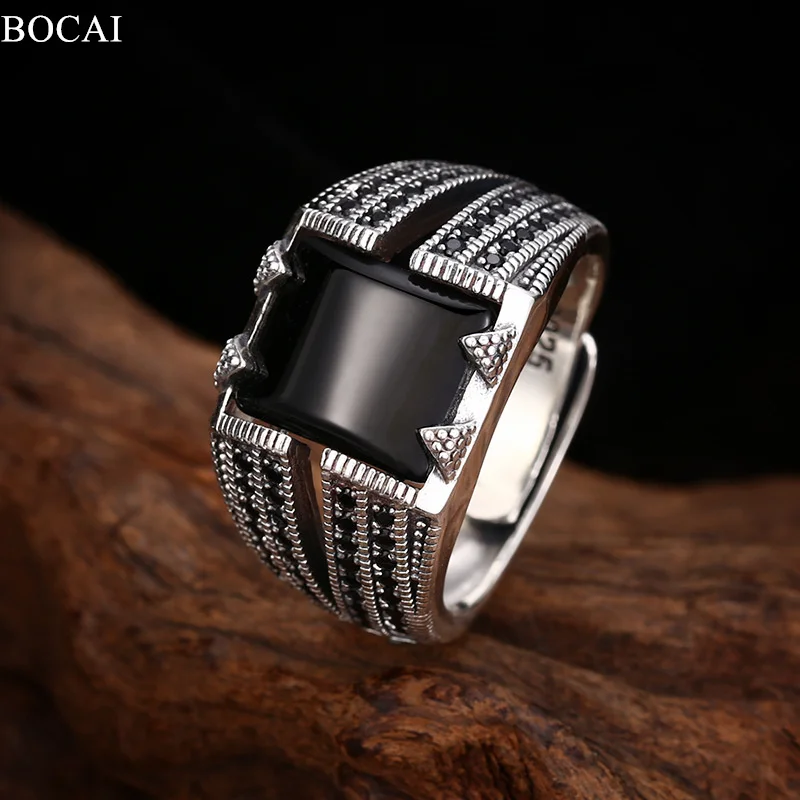 

BOCAI S925 Sterling Silver Charms Rings for Men Women Retro Pattern Square Agate Inlaid Micro Zircon Fashion Jewelry ﻿Wholesale