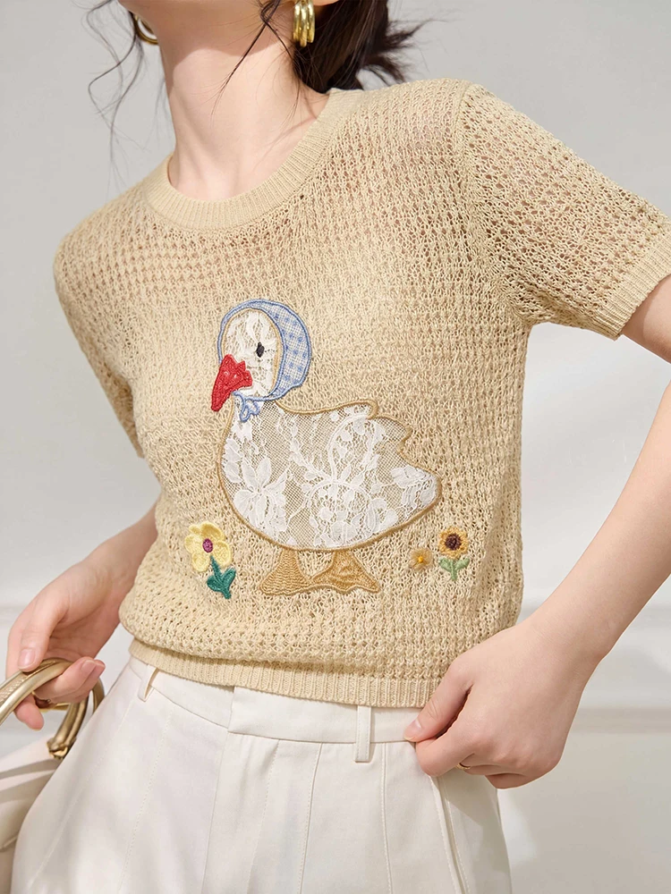 Women Duck Embroidered Knit Top Hollow Out Crochet Sweater Short Sleeve Cropped Pullover Cute Summer Knitwear Top