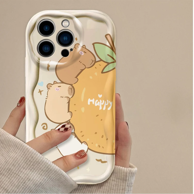 Lovely Cartoon Capybara 3D Wave Case For iPhone 16 15 14 13 12 11 Pro Max X XR XS 8 7 Plus SE 2020 TPU Silicone Shockproof Cover