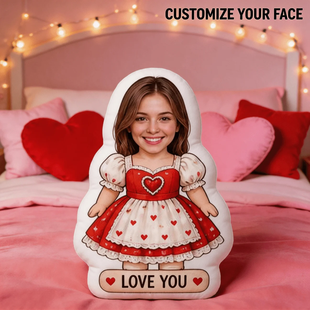Custom Photo Shaped Pillow, Personalized Face on Red Heart Dress Cartoon Body Decorative Cushion, Unique Home Decor Accent for S