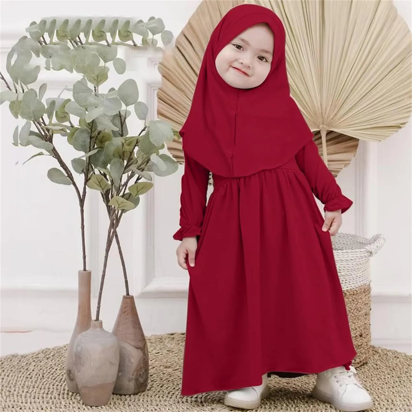 

Muslim Abaya Robe And Headscarf Set For Girls 0-5 Years Pure Color Robe With Hijab Girls Outfits&Set Children Muslim Outfits