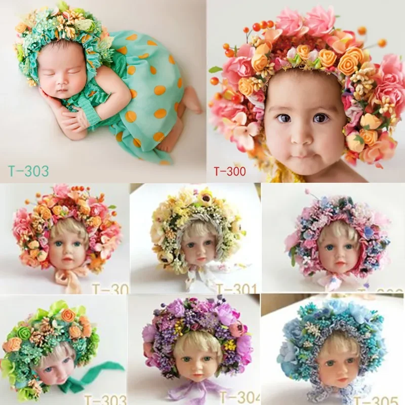 Newborn Photography Props Baby Flowers Hat Handmade Colorful Bonnet Hat Infant Studio Shooting Photo Props Posing Accessories