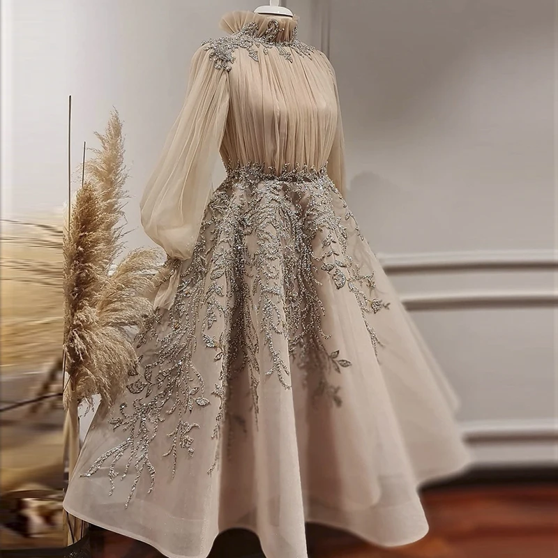 

Sharon Said Champagne Long Sleeves Muslim Evening Dresses Luxury Dubai Midi Short Formal Gown for Wedding Party SS496 Customized