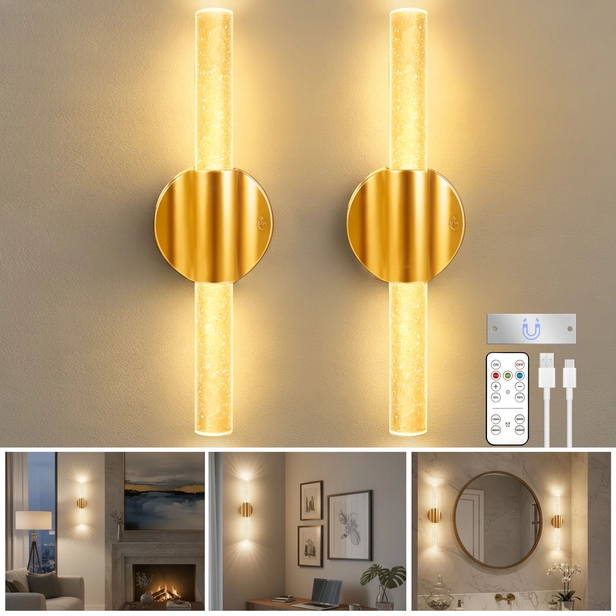 

Rechargeable Wall Sconces Set of 2, Magnetic Battery Sconces Wall Decor Set of 2 with Remote & Touch Control, Dimmable Cordless Wall Lights for Bedroom Hallway Dining Room