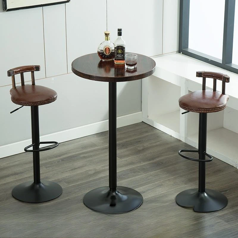 Simple small bar table Solid wood tall round table Living room Cafe Nordic wrought iron table Bar stool