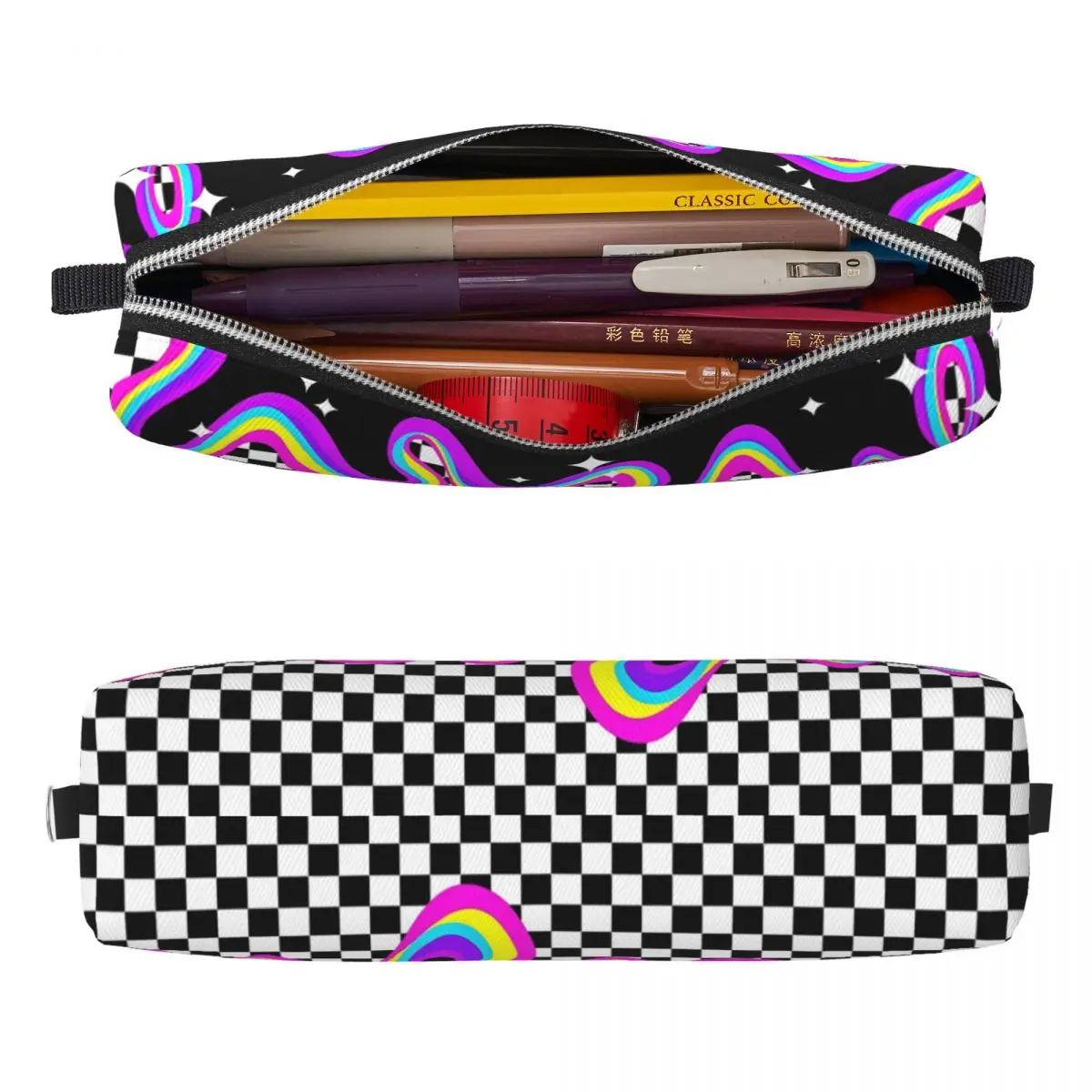 사이키델릭 체커 보드 격자 무늬 연필 케이스 클래식 펜 가방 소녀 소년 대형 스토리지 학생 학교 지퍼 연필 주머니