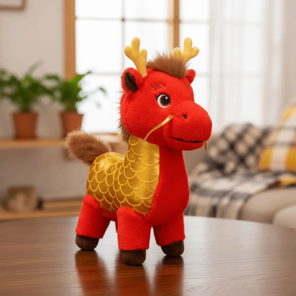 Mascotte 2026 Cavallo del drago Buona fortuna Cavallo farcito creativo Simpatico peluche Zodiaco Pony Figurine Regalo di compleanno