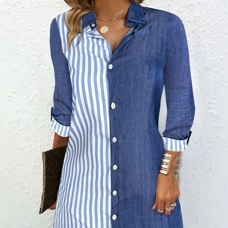 Women\'s Shirts Spring 2024 Elegant Striped Color Blocking Long Sleeved Comfortable Casual Buckle Medium Length Blouse Female