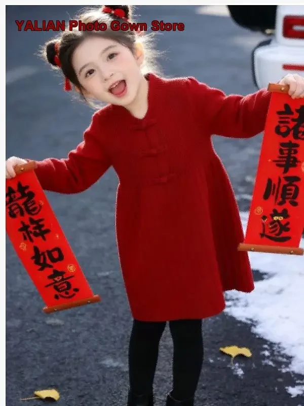 Girls Traditional Button Closure Autumn Winter 2026 Kids New Year Knit Dress