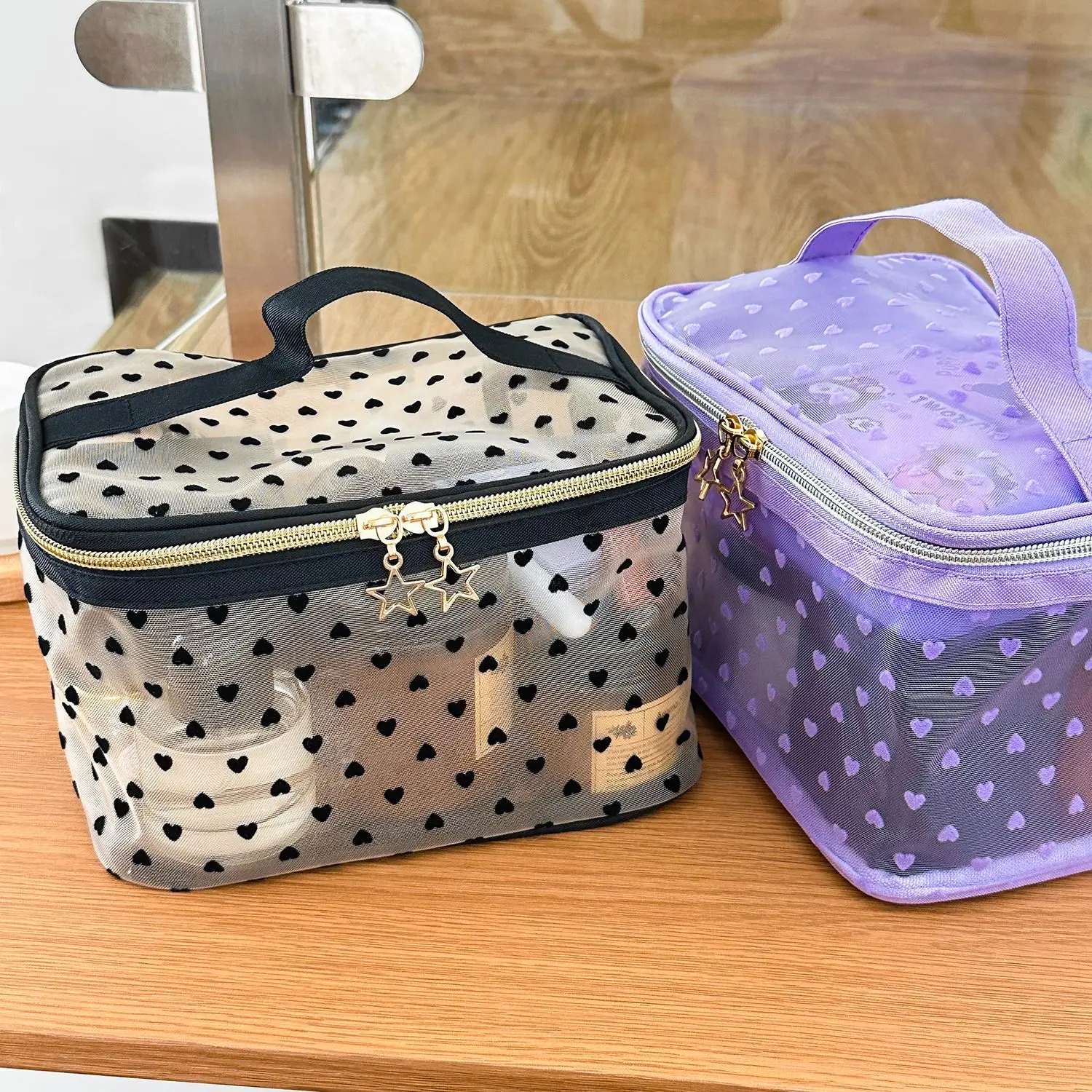 Mesh Yarn Women's Cosmetic Bag Love Transparent Ladies Travel Purse Handbags Large Capacity Portable Female Storage Bags