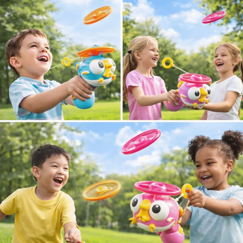 Hand-Pulled Bird launcher Soft material Cute bird shape Pull-string launching With Spinners Hand-held flying Sports Outside
