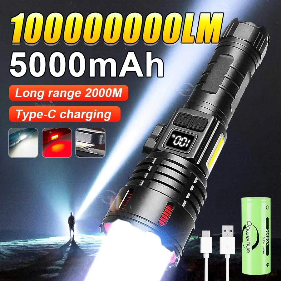 

2024 1000000LM High Power Rechargeable LED Flashlight Work 26H Illumination 2000M Ultra Powerful Led Torch With Magnet Lantern