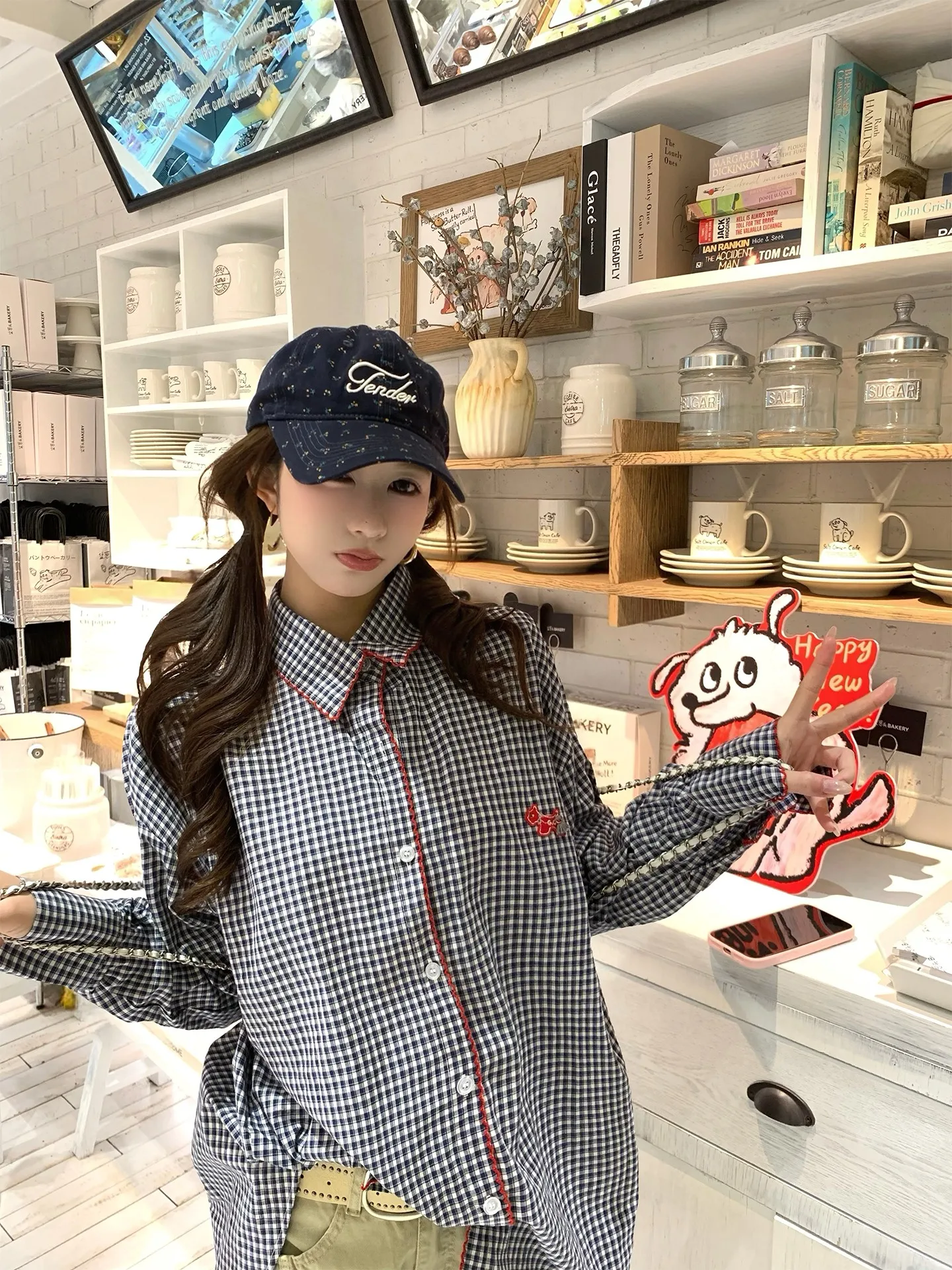 

Blue Plaid Loose Long Sve Women's irt Xiaomage Lazy Sle College Faion Sun Protection Top Skin-friendly Breathable