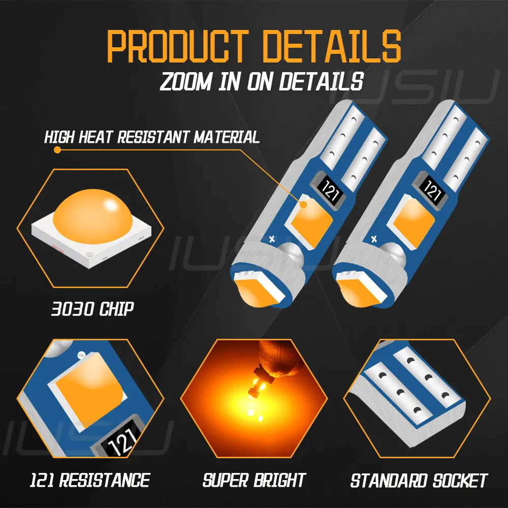 IUSIU 10PCS 73 74 Led T5 Bulb W3W 2721 3SMD Instrument Dashboard Plate Panel Meter Warning Indicator Signal Lamp 12V Car Light