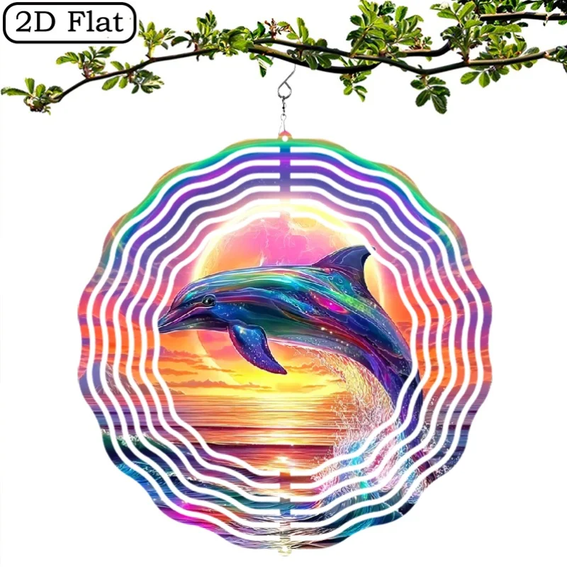 1pc Metal Dolphin Sunset Metal Wind Chime - Durable Iron Hanging Dynamic Garden Decoration, Moonlight Sea Wave Colorful Sea View