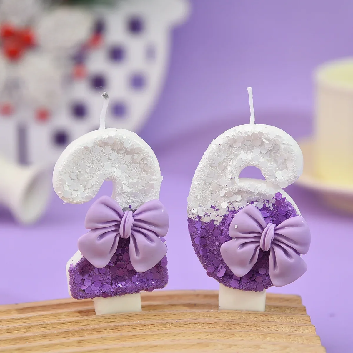 Purple and white dual color sequin bow digital candle, cute 0-9 digital candle, girls' birthday cake decoration supplies