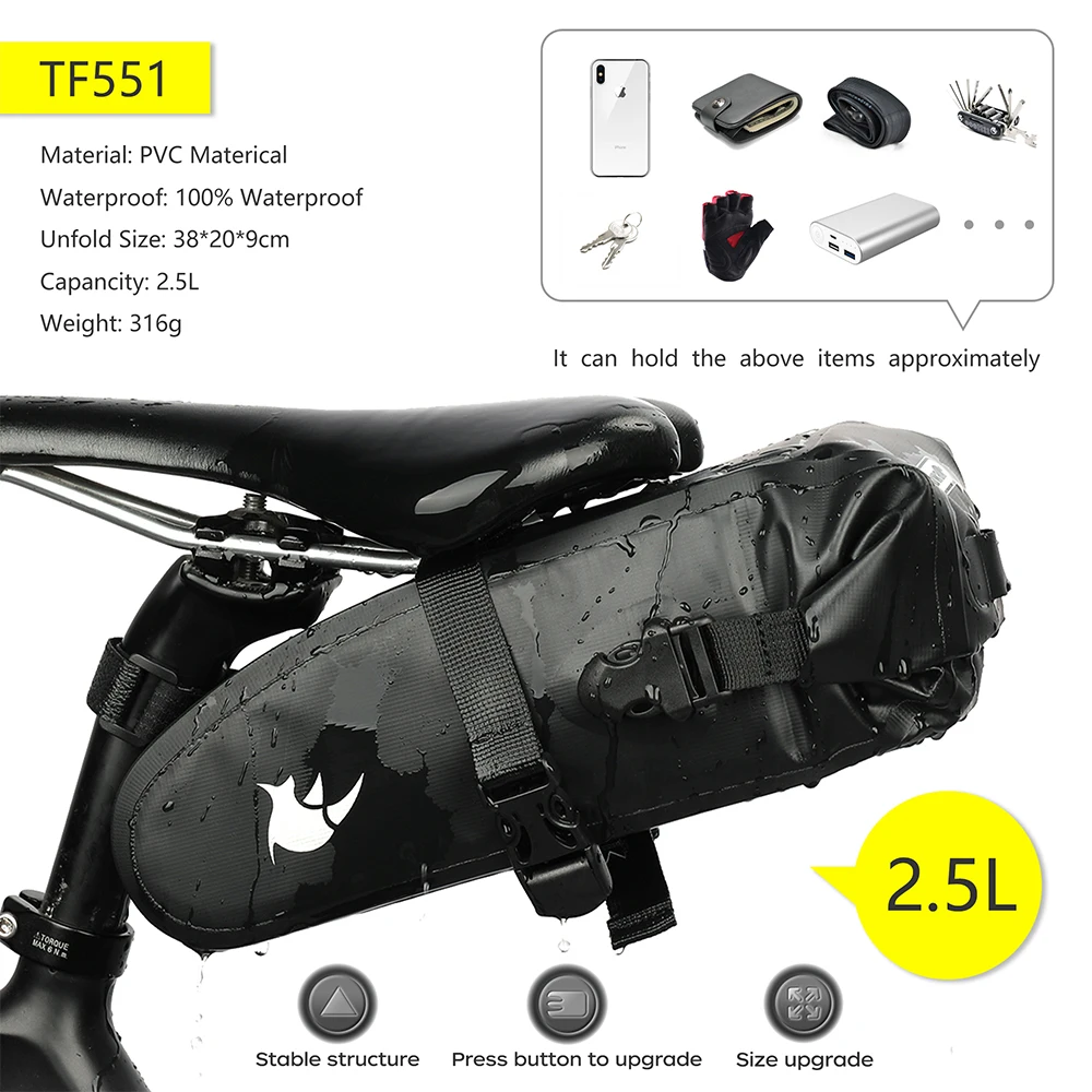 Rhinowalk Fahrrad-Satteltasche, wasserdicht, 5 l–13 l, großes Fassungsvermögen, faltbare Hecktasche, reflektierend, Radfahren, MTB, Kofferraumtasche, Schwarz