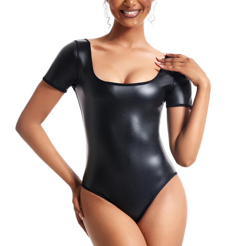 Swimwear Women PU Leather One Piece Swimsuit Black Short Sleeve Bathing Suit Sexy Mini Monokini Swimwear Woman Leather Swimsuits