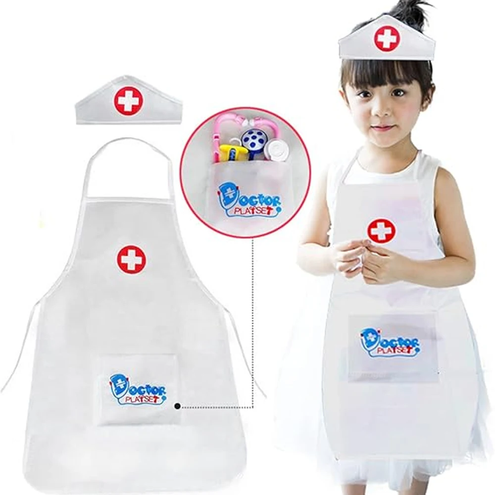 Doutor enfermeira cosplay uniforme e chapéu para crianças avental branco fingir jogar brinquedo do jardim de infância trajes da família brinquedos educativos