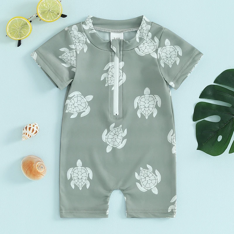 Kids Boys Summer Swimsuit Casual Turtle Print Short Sleeve Zipper Jumpsuit Swimwear Beachwear Bathing Suit