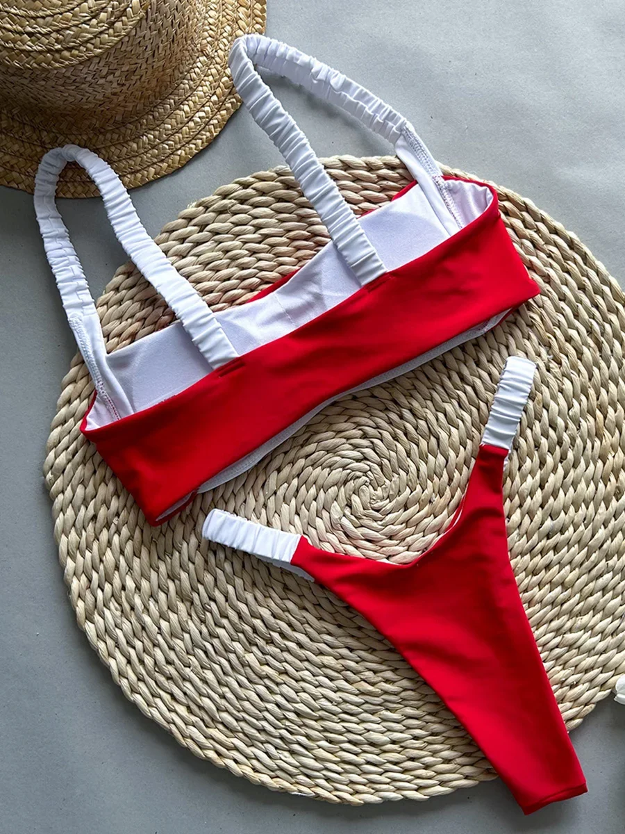 Splicing Micro Thong Bikini Women Bandeau Swimwear Female Swimsuit Two-pieces Bikini Set High Cut Bather Bathing Suit Swim Lady