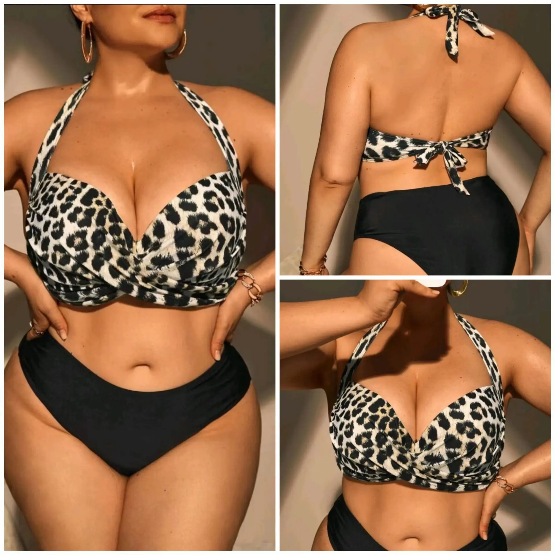 2025 Plus Size 4XL Women's Two-Piece Underwire Bikini Set with Padded Bra Full Bust Support Swimwear Leopard Print Bathing Suit