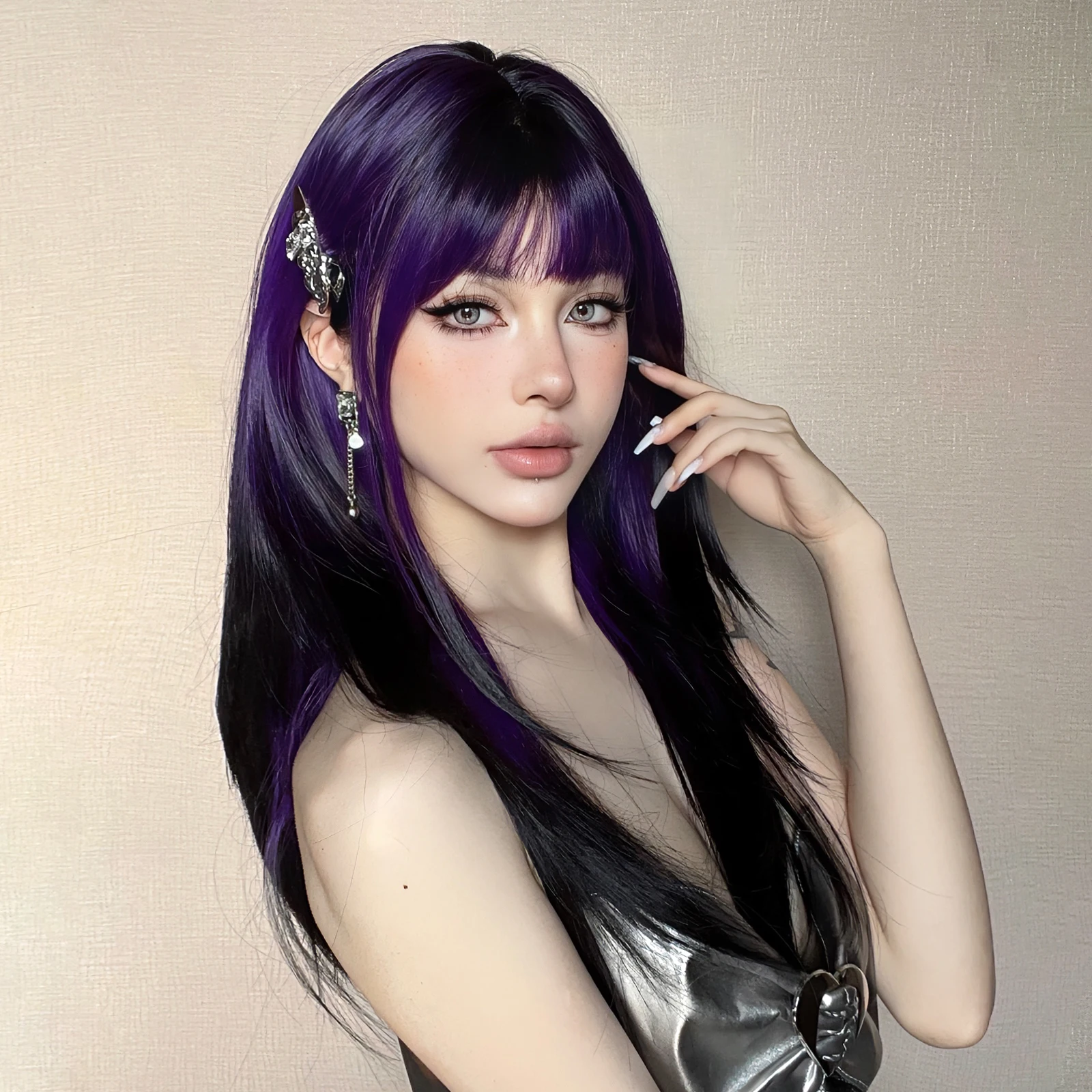 Long Straight Black Purple Synthetic Wig with Bangs Purple Ombre Cosplay Layered Wig for Women Party Heat Resistant Natural Hair