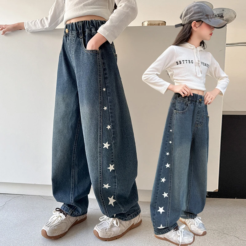 

Kids New Designer Curved Jeans with Stars On The Side for Teenage Girls High Street Carpenter Denim Pants Child Casual Trousers