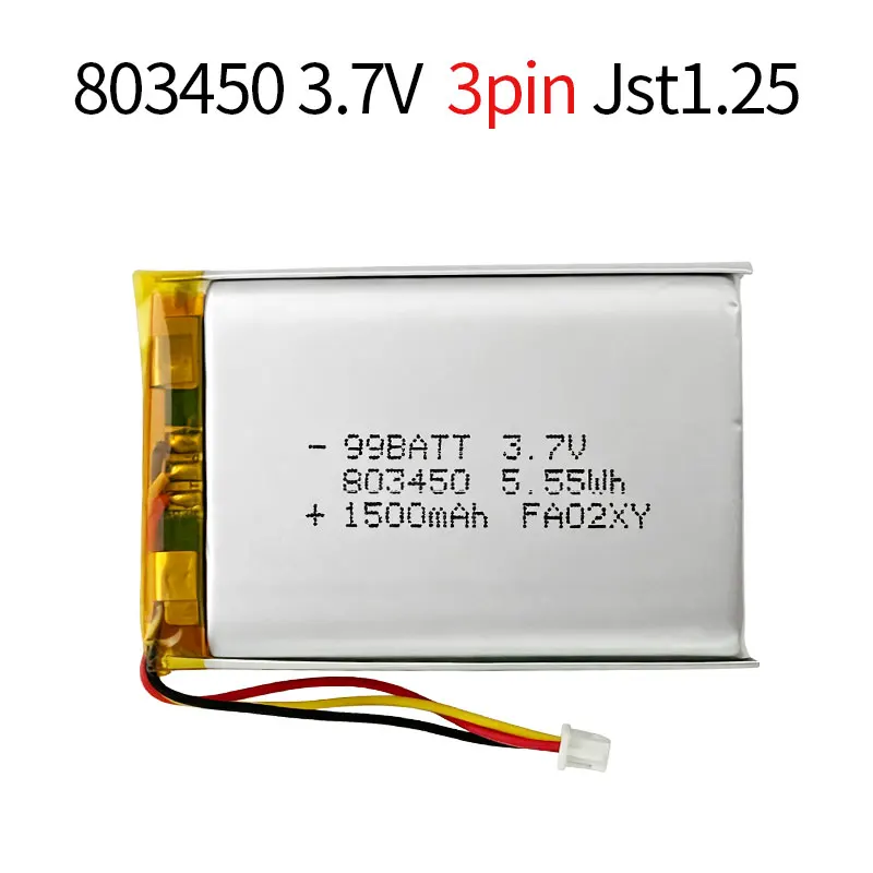 803450 Battery 3pin JST1.25 3.7V 1500mAh Li-Polymer Batteries for Dashcams Portable Surveillance Devices GPS Temperature Meters