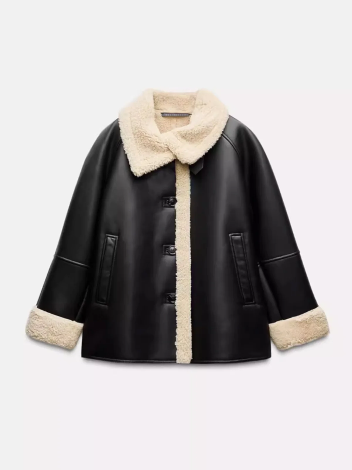 Thiened Lamb Fur Jaet Women's Mid-Length Outerwear Autumn Winter High-End Feelings Bla eepskin Leather And Fur Inte...