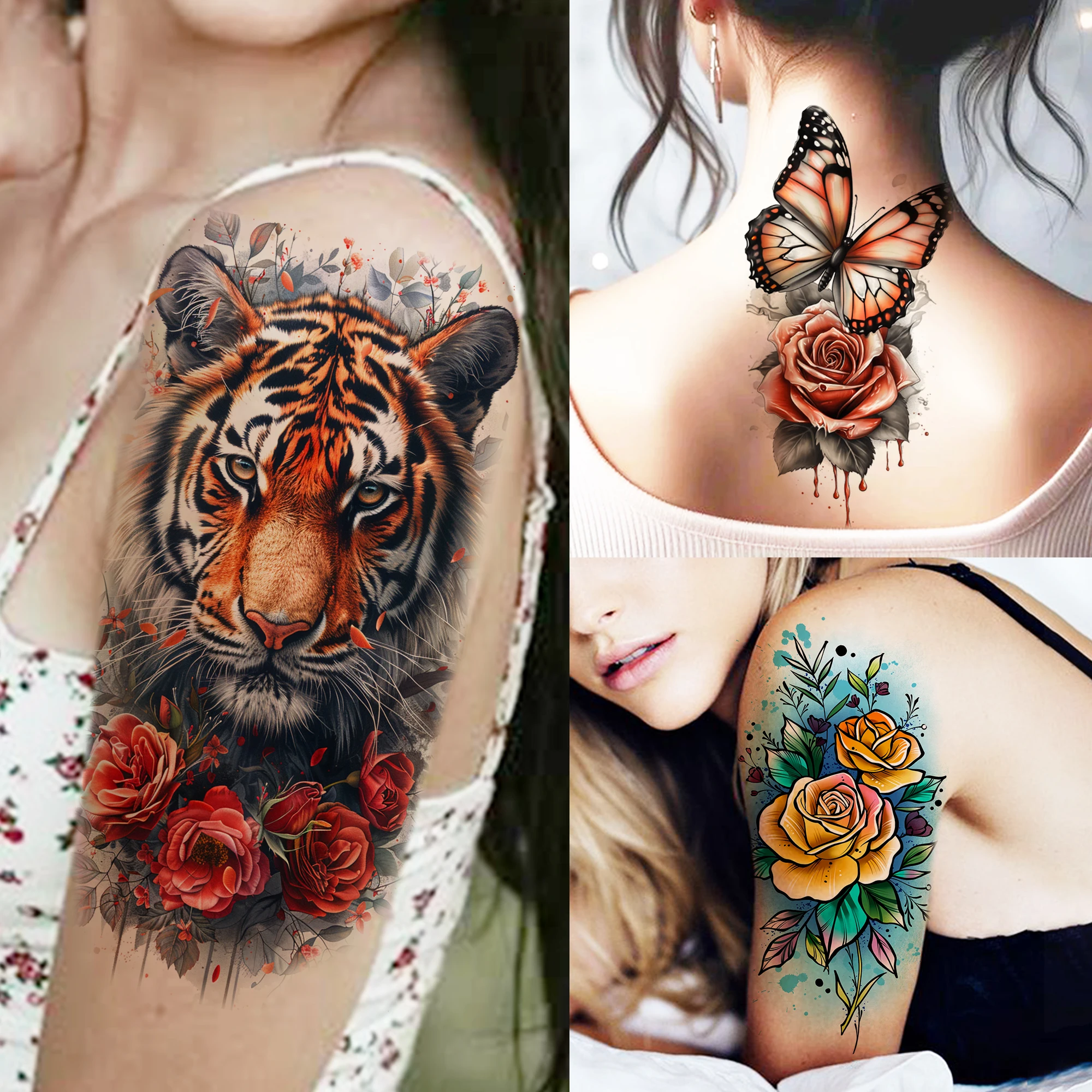 1 Sheet Watercolor Tiger Flowers Temporary Tattoos For Women Girls Realistic 3D Butterfly Tatoos Waterproof  Fake Tattoo Sticker