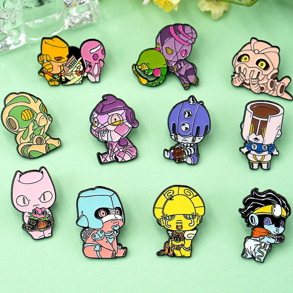 5/6 Piezas Broches Esmaltados Kawaii de JoJo Star Platinum y Chibi Killer Queen, Insignias de Solapa de Anime Lindas con Diseño de Diamantes Locos para Chaquetas