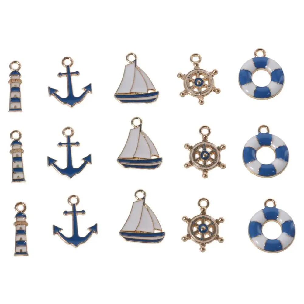 50pcs Alloy Nautical Collection Charms Lighthouse, Lifebuoy, Rudder, Anchor and Sailboat about 18mm in Length Alloy Anchor Charm
