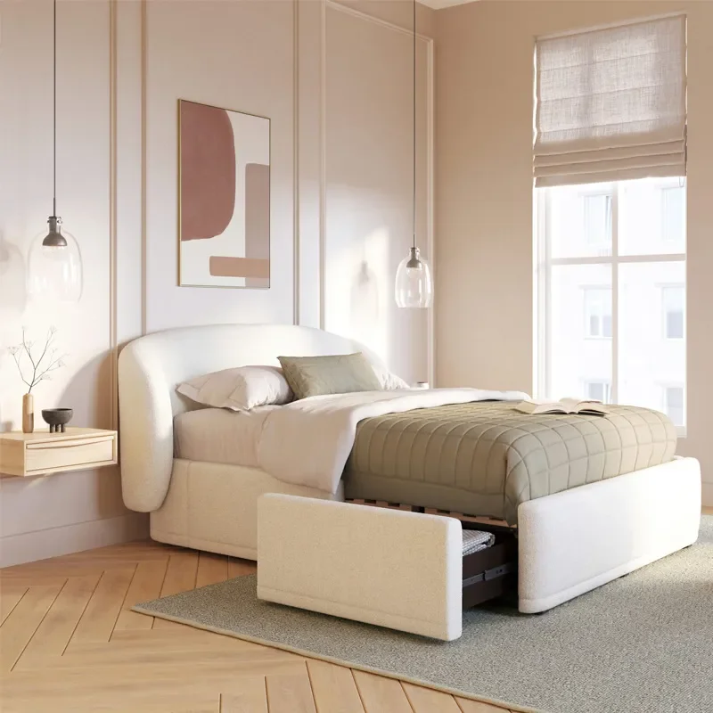 Nordic Simple Lamb Wool Storage Bed French Medieval Cream Style 1.8m High Box Bed Soft Upholstered Drawer Bed for Bedroom