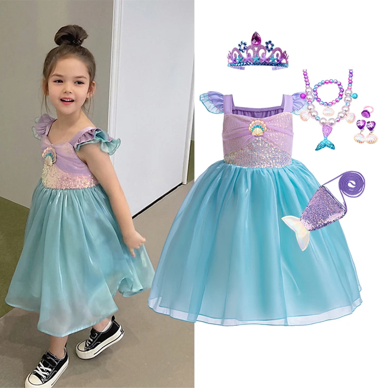 

Summer Girls Little Mermaid Dress Flying Sleeve Cosplay Princess Dress Cute Birthday Party Costume Kids Daily Elegant Dress