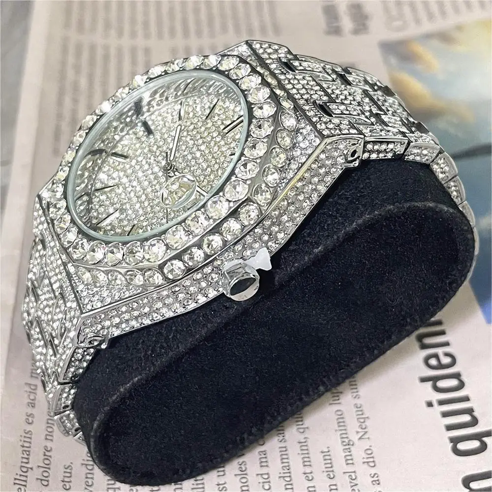 Luxury Fashion Iced Watch Men Automatic Date Stainless Steel Quartz Clock Hip Hop Full Diamond Bling Jewelry Wristwatch Man 2023